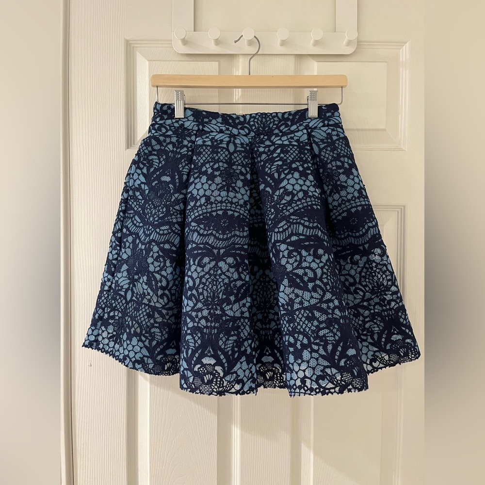 Maje Navy and Light Blue Floral Lace-Overlay Skater Skirt